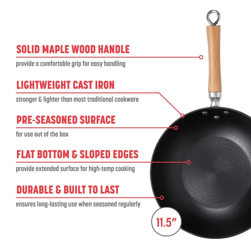 Professional Series 11.5-Inch Preseasoned Cast Iron Stir Fry Pan with Maple Handle