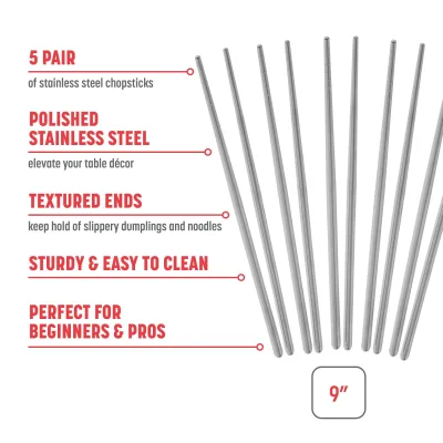 Reusable Stainless Steel Metal Chopsticks Set, 5 Pair Set