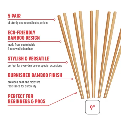 Reusable Burnished Bamboo Chopsticks Set, 5 Pair