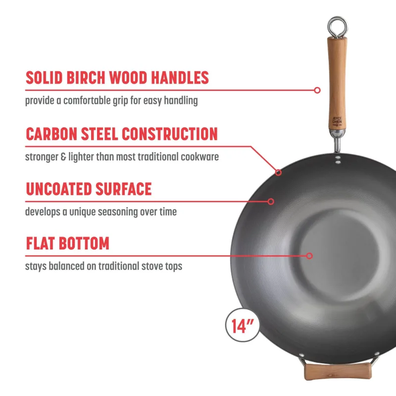 Classic Series 14-Inch Uncoated Carbon Steel Flat Bottom Wok Set with Lid and Birch Handles, 4 Pieces