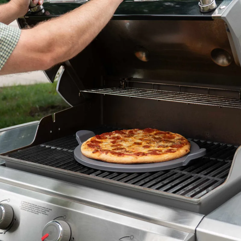 Glazed Round Pizza Stone with Handles, 15-Inch, Grey