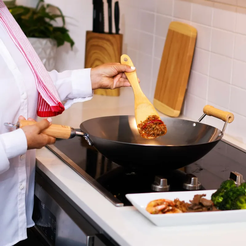 Classic Series 14-Inch Round Bottom Carbon Steel Wok with Birch Handles