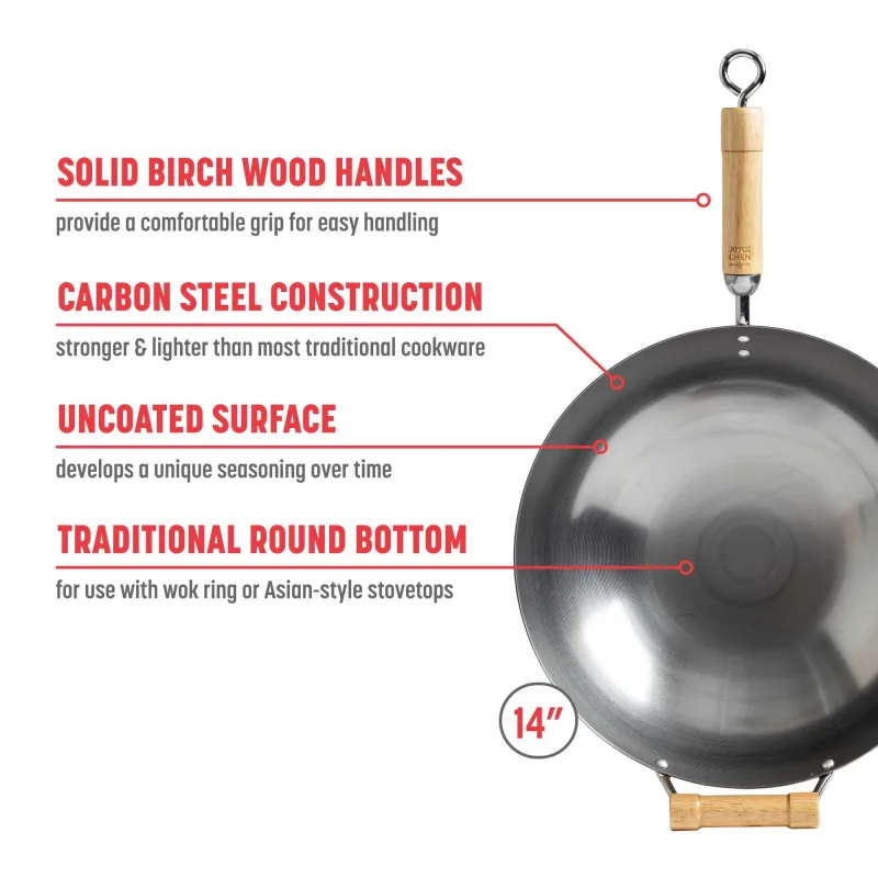 Classic Series 14-Inch Round Bottom Carbon Steel Wok with Birch Handles