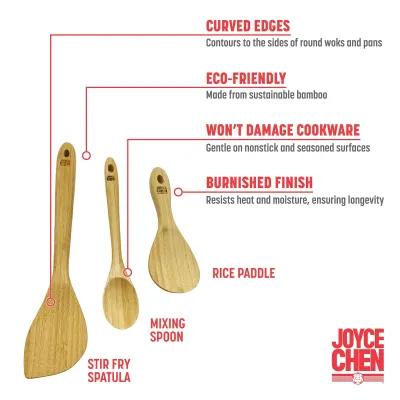 Burnished Bamboo Wok Utensils, 3-Piece Stir Fry Set