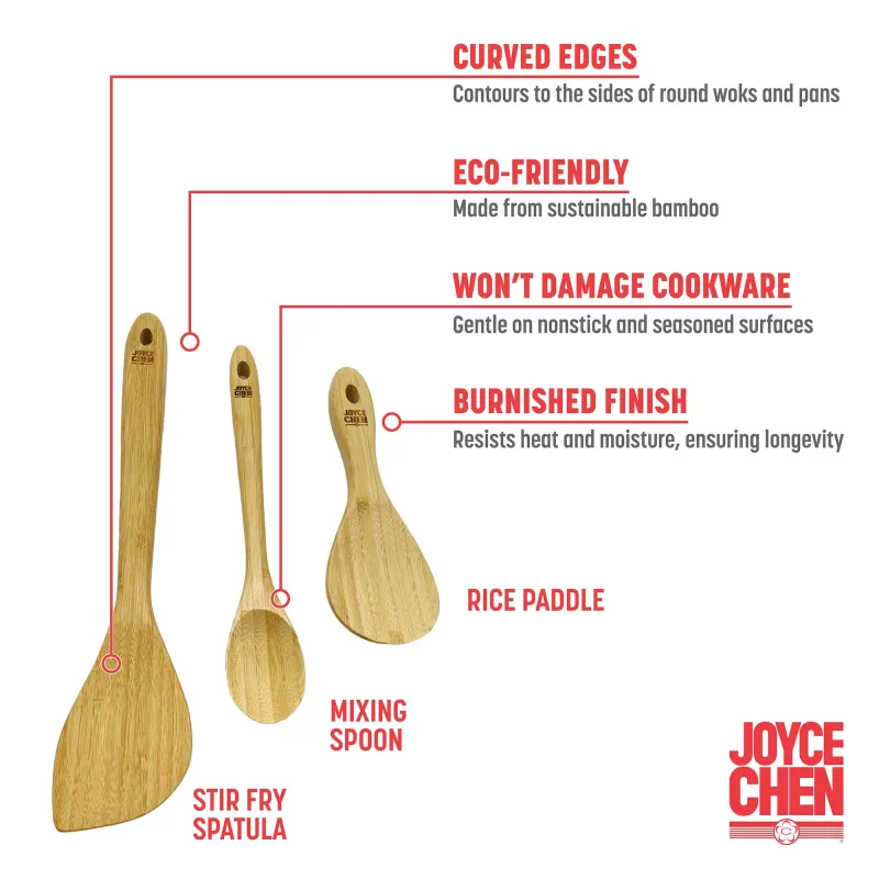 Burnished Bamboo Wok Utensils, 3-Piece Stir Fry Set