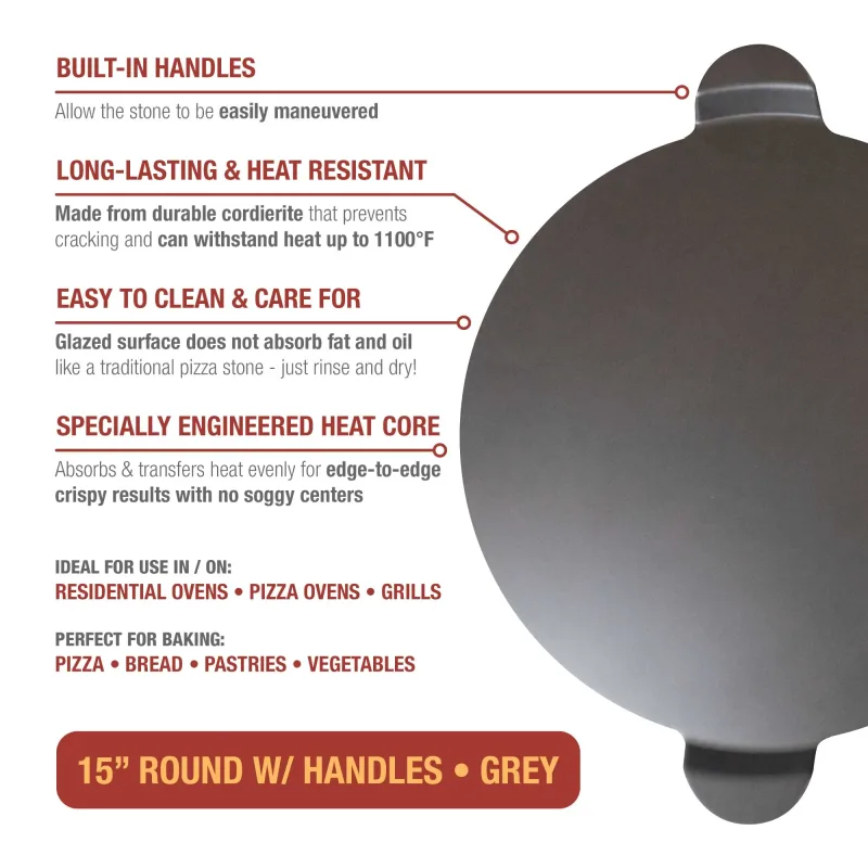 Glazed Round Pizza Stone with Handles, 15-Inch, Grey